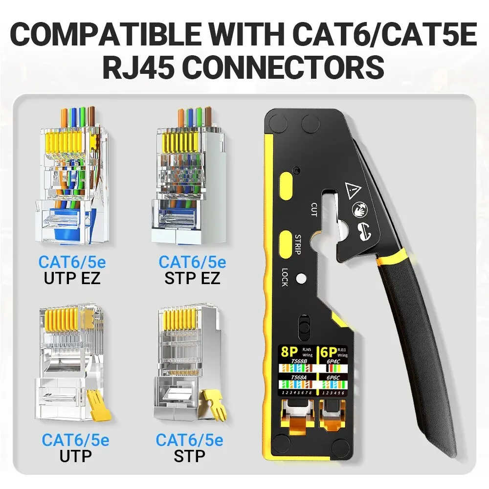 AMPCOM ez-type RJ45 kabel jaringan 3-in-1 Crimp/Cut/Strip Lan CAT8/7/6A/6/5E (STP/UTP) & RJ11/12 Tel kabel Modular (AM-6088)