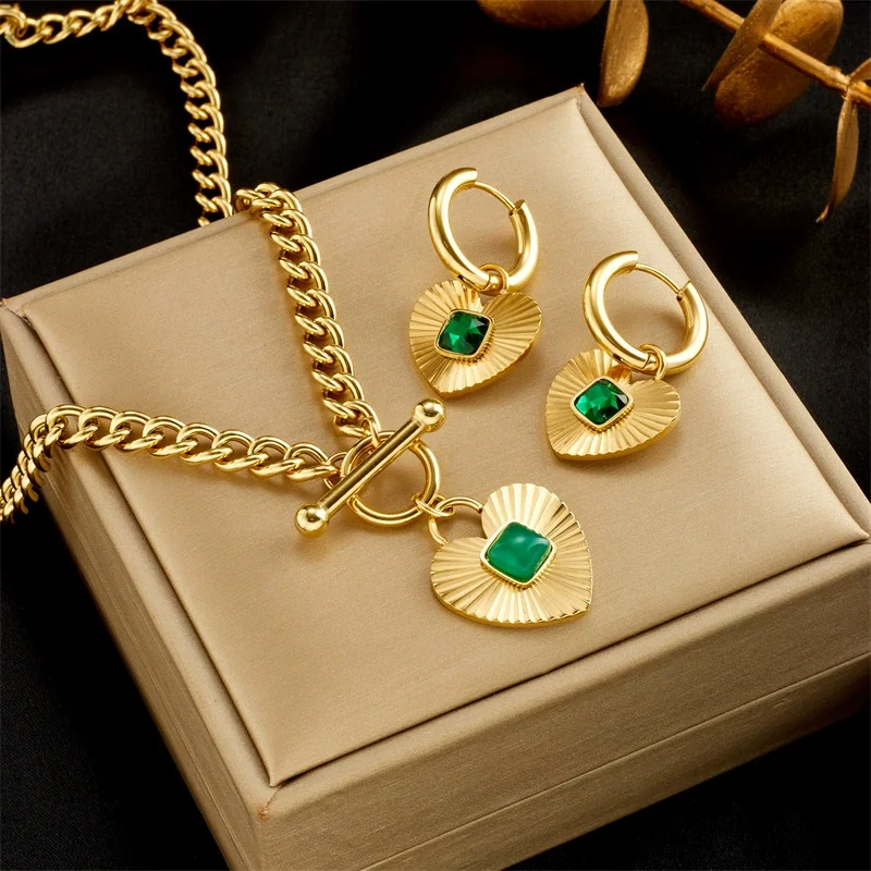 

18K Gold Plated Green CZ Heart Jewelry Set, Cuban Chain Necklace & Hoop Earrings, Stainless Steel OT Clasp Set