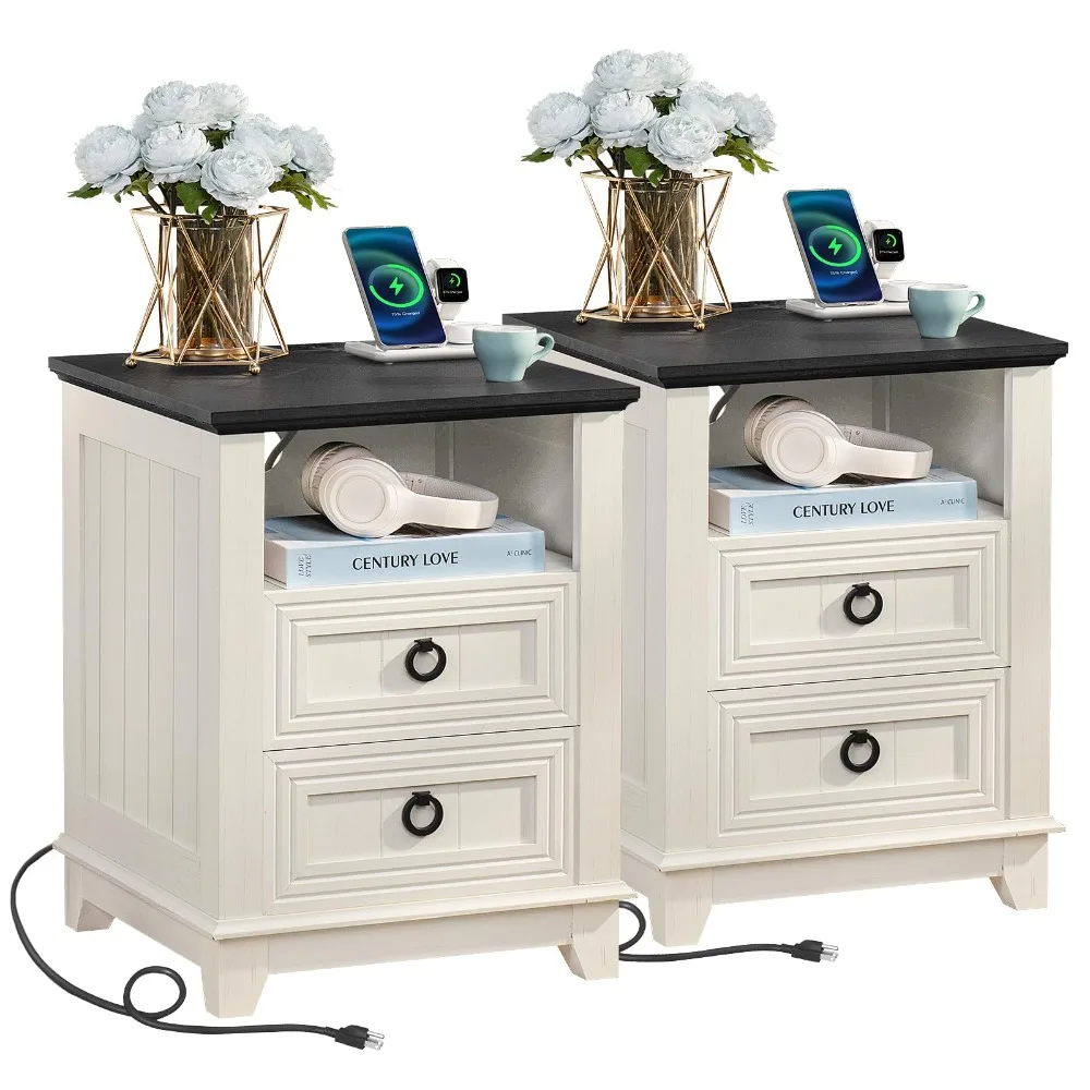 Farmhouse Night Stands Set of 2 with Charging Station, Wooden Nightstand with 2 Drawers and Open Shelf,Bedside Table for Bedroom