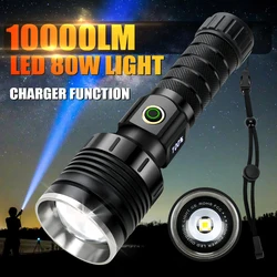 80W High Power Led Flashlight 10000 Lumen Rechargeable Tactical Torch 26650 Battery Zoom Waterproof Camping Lantern Power Bank