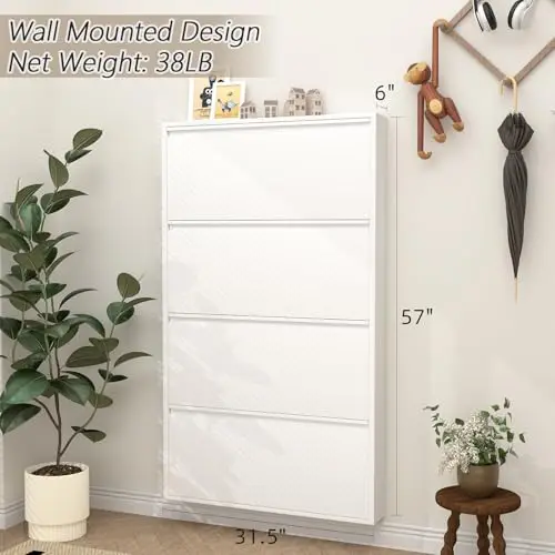 Shoe Rack for Closet, 6 Inch Slim Wall Mounted Shoe Cabinet, Narrow White Hidden Metal Shoe Storage with 4 Flip