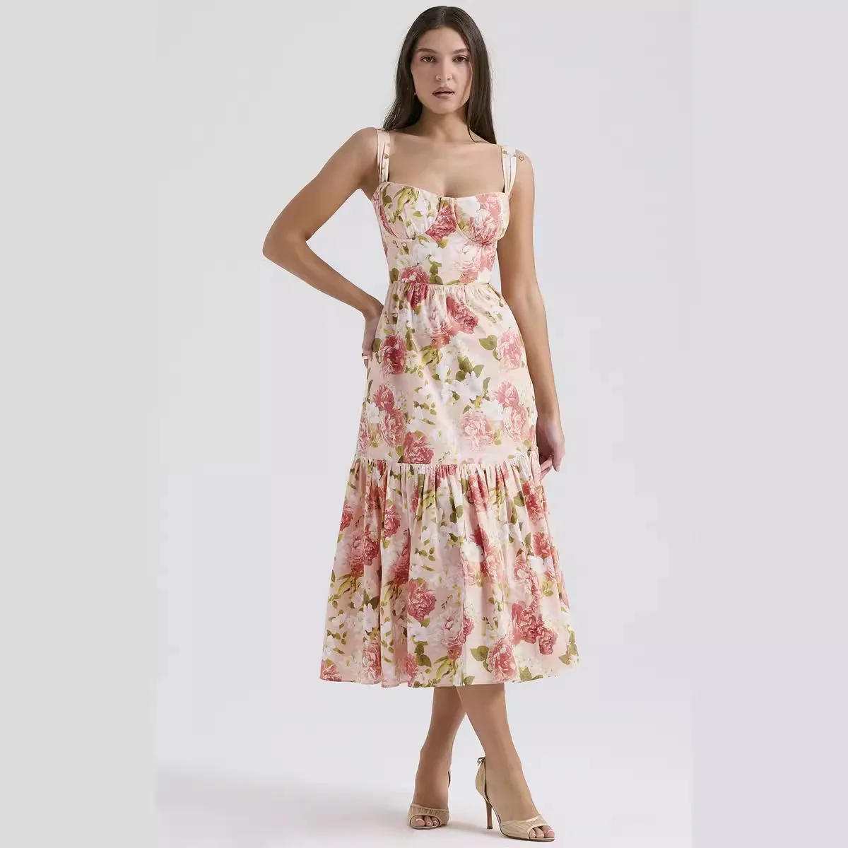 

Summer Floral Printed Elegant Evening Dresses For Women Deep V-neck Sleeveless High Waist Pleated Dress Slim Fit Maxi Dress 2025