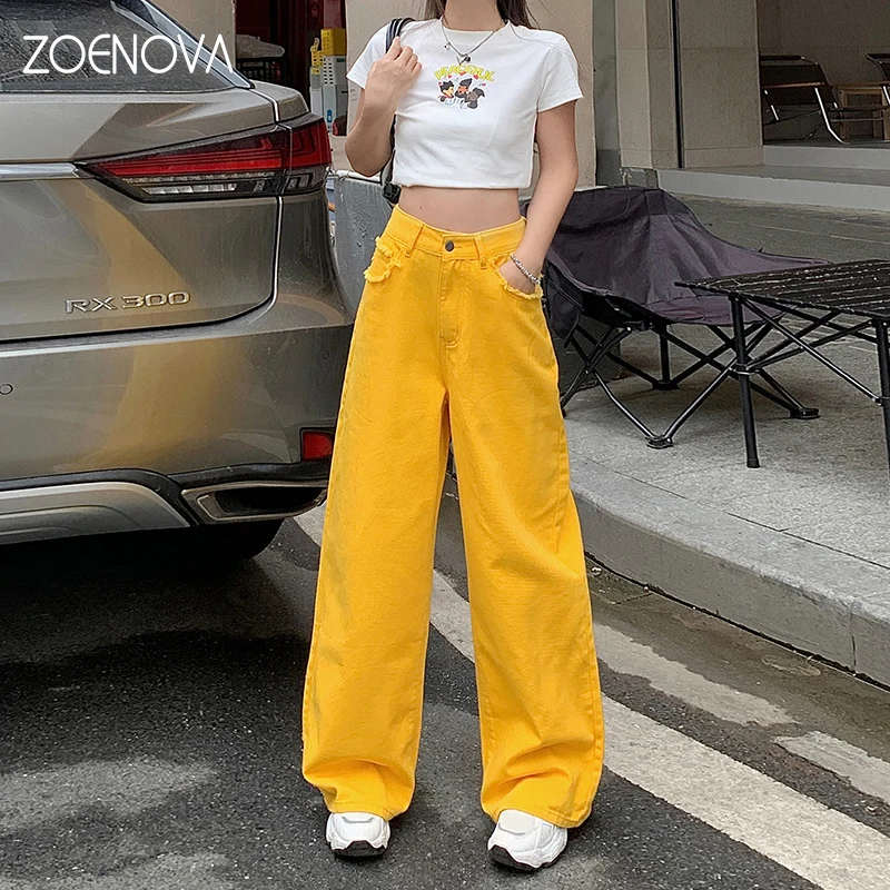 ZOENOVA American Street Fashion Y2K Lemon Yellow Casual Jeans Women Summer New Straight Loose Wide Leg Floor Length Denim Pants