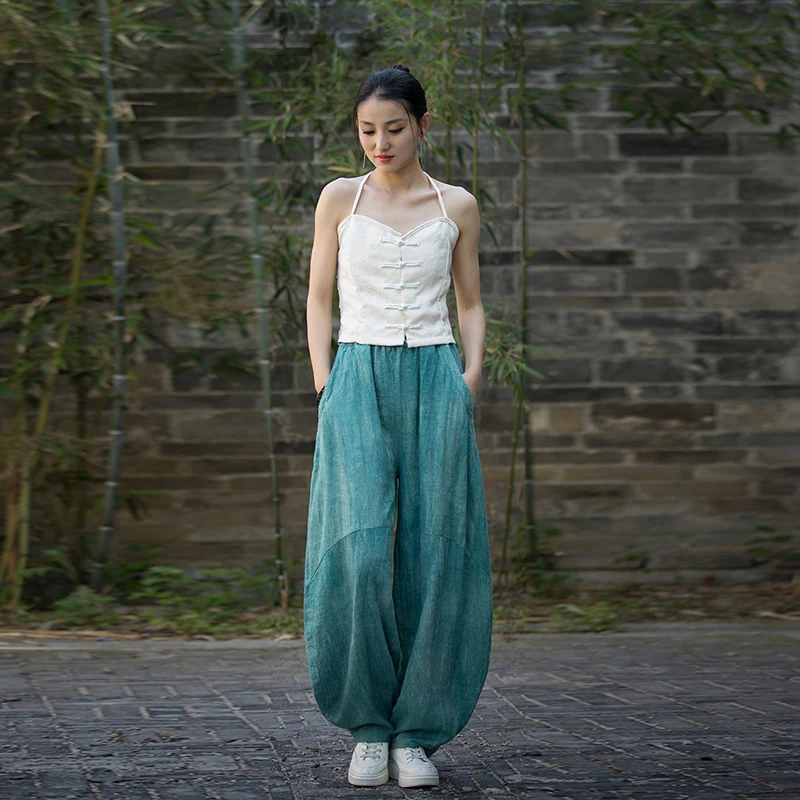 Women Vintage Ramie Cotton Linen Pants Elastic Waist  Wide Leg Trousers Spring Summer Tie-dye Harem Pants Loose Bloomers