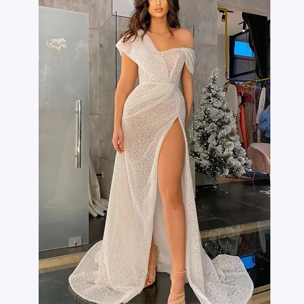 

White Sequined Evening Dresses Pleats Off The Shoulder Floor Length Prom Gown Side Slit Mermaid Formal Dinner Party Dress