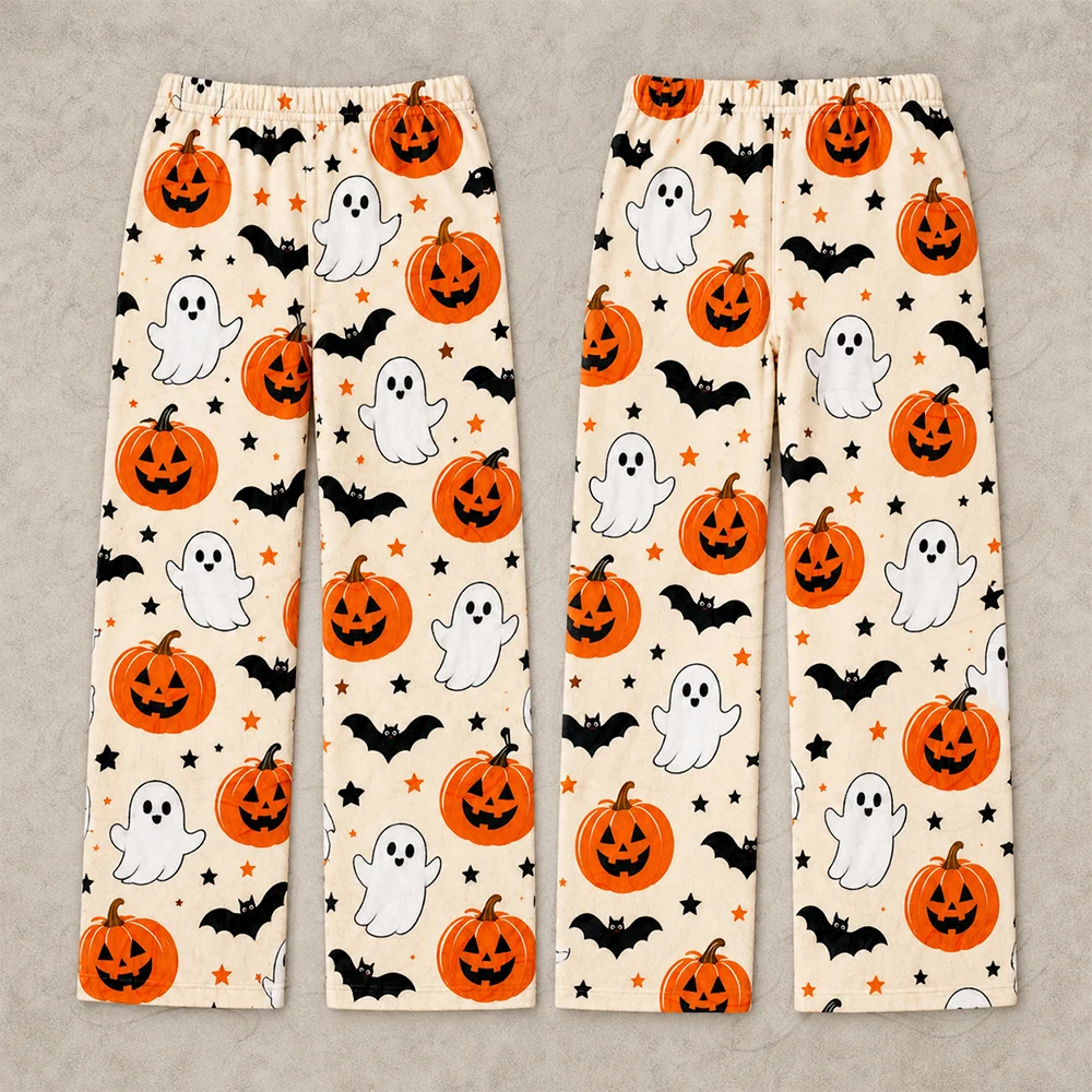 Men's Halloween Ghost Pumpkin Printed Pants Casual Wide Leg Loose Straight Trousers Retro Fall Sweatpants Lounge Pajamas Bottoms