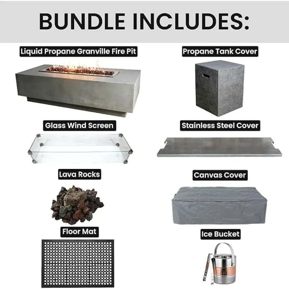 Outdoor Firepit Set Includes 60” Liquid Propane Concrete Firepit Table, Glass Windscreen, Stainless Steel Cover, Tank Cover