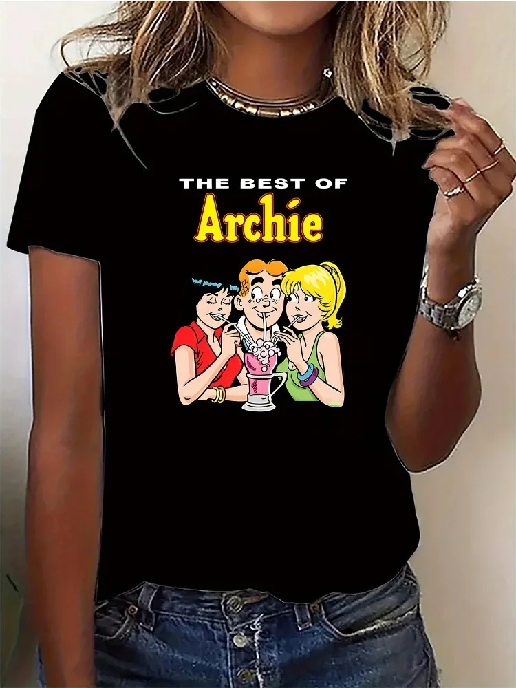 تي شيرت نسائي بنمط هزلي من Archie برقبة دائرية وأكمام قصيرة تي شيرت لجميع المواسم ملابس هاراجوكو قطنية فضفاضة غير رسمية Y2K