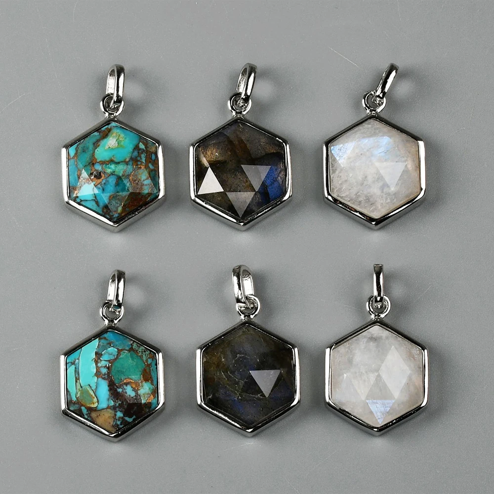 

BOROSA Antique Silver Plated Hexagon Copper Turquoise Faceted Pendant for Women Men Crystal Quartz Necklace Jewelry Accessories