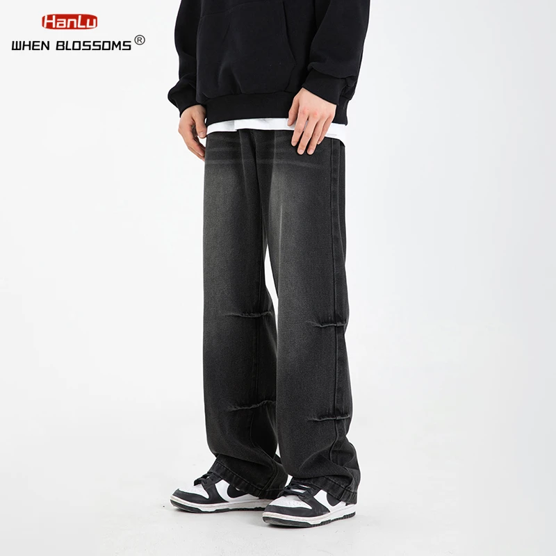 HANLU Men's Vintage Jeans Fashion WashedStreet Casual Wide Leg Denim Pants Autumn Distressed Loose Male Trousers