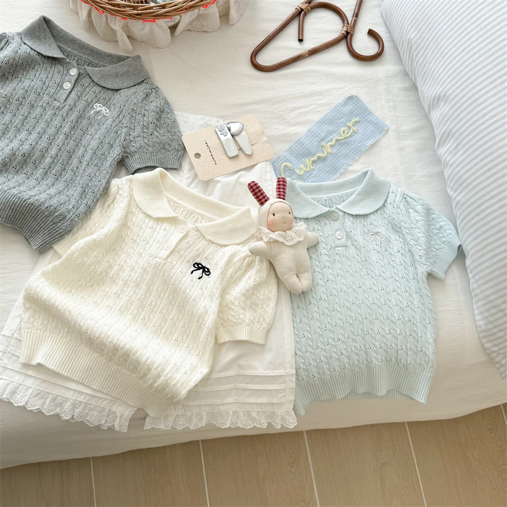 

Faionable Korean Sle Knitted Top for Girls with Knot Collar ort Sve irt Soft Cotton Summer Wear