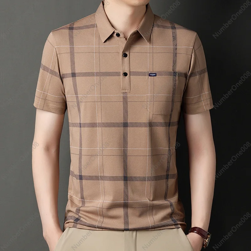 Men's New Summer Short-sleeved POLO Shirt Middle-aged Men's Casual Striped Lapel Half-sleeved Top Trendy Men's Short T