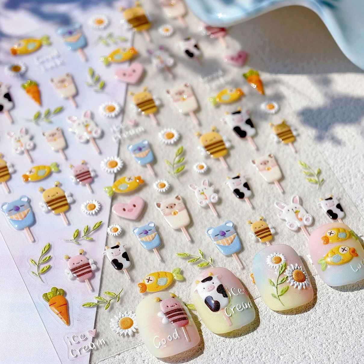 

Cute Jelly Popsicle Ice Cream Rabbit Bee Cow Lovely Cat Bear Carrot Daisy Leaf Cattle Love Heart Fruits Nail Art Stickers Decals