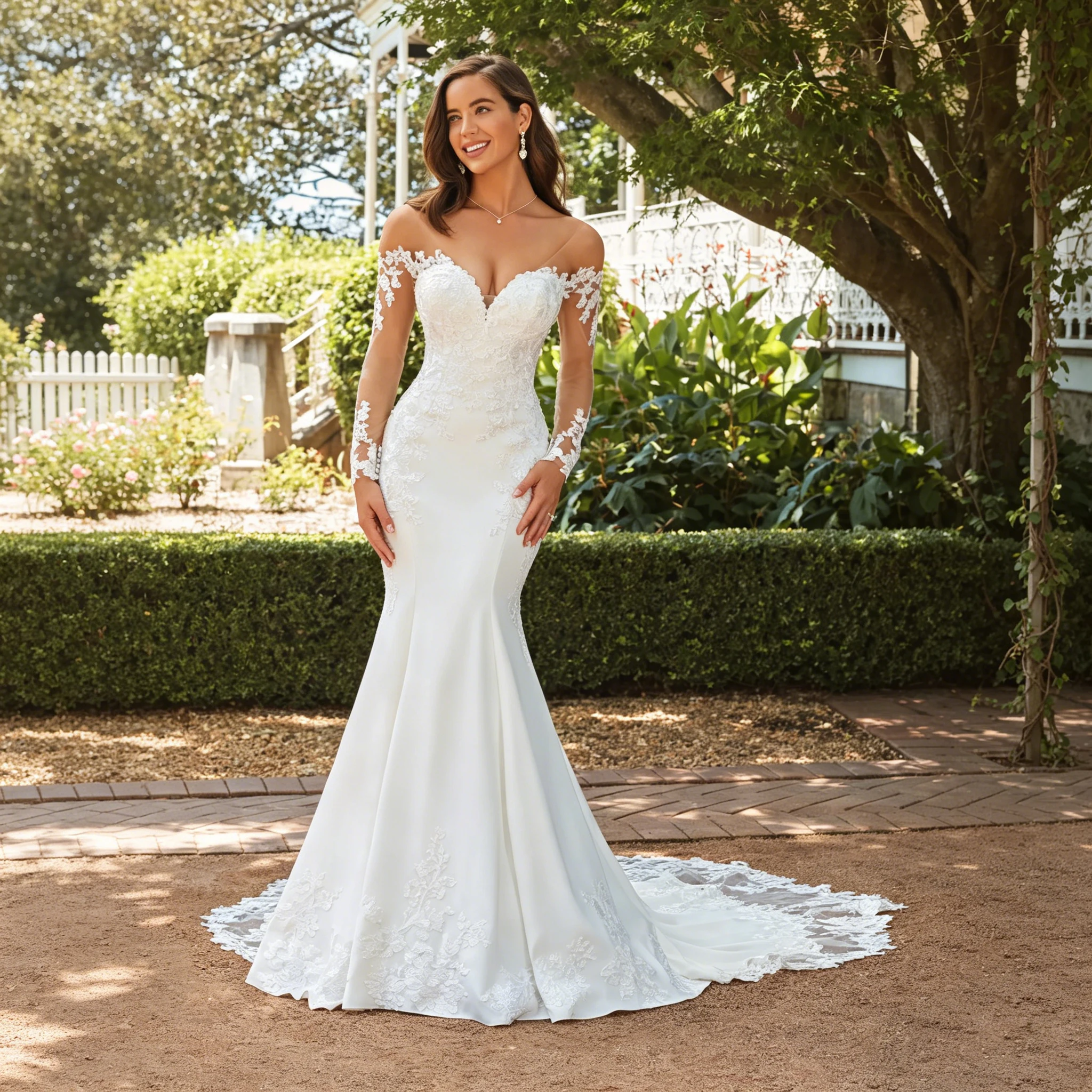 Elegantes schulterfreies Meerjungfrauen-Brautkleid mit Herzausschnitt, transparenten Spitzenärmeln, Illusionsrücken, Perlenknöpfen, Schleppe und Satin in individueller Größe