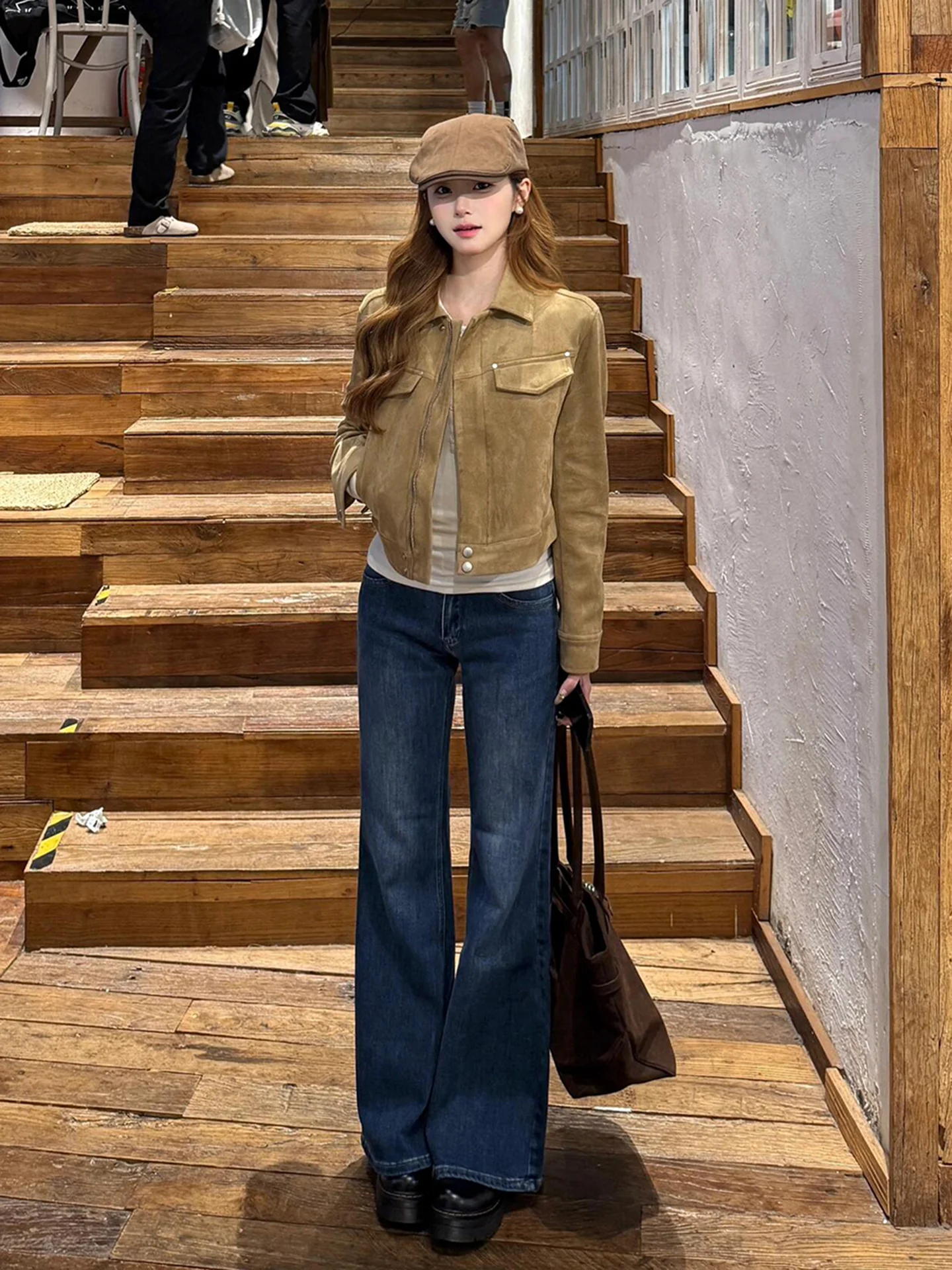 Retro American Brown Suede ort Jaet Women's Loose Personali Motorcycle Jaet Top Autumn Winter Faion Ele