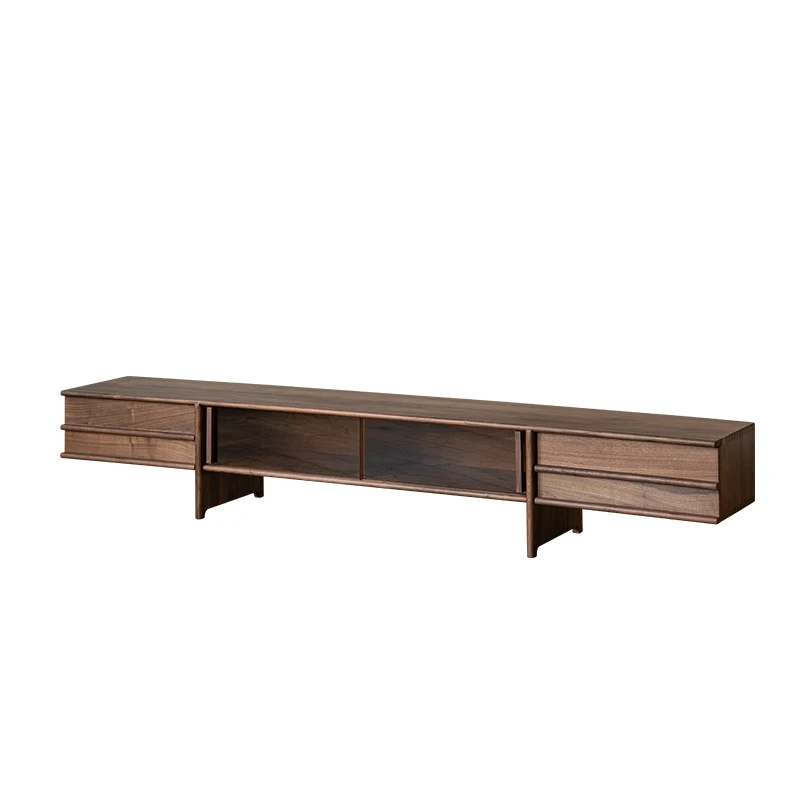 Black walnut solid wood TV cabinet, medieval glass audio-visual cabinet, living room floor cabinet, skeleton line storage locker