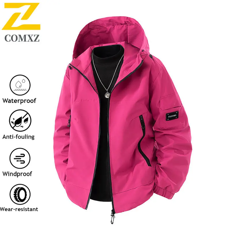 COMXZ hombres al aire libre con capucha senderismo rompevientos primavera otoño abrigo impermeable a prueba de viento ajuste suelto chaqueta de utilidad con cremallera multibolsillo