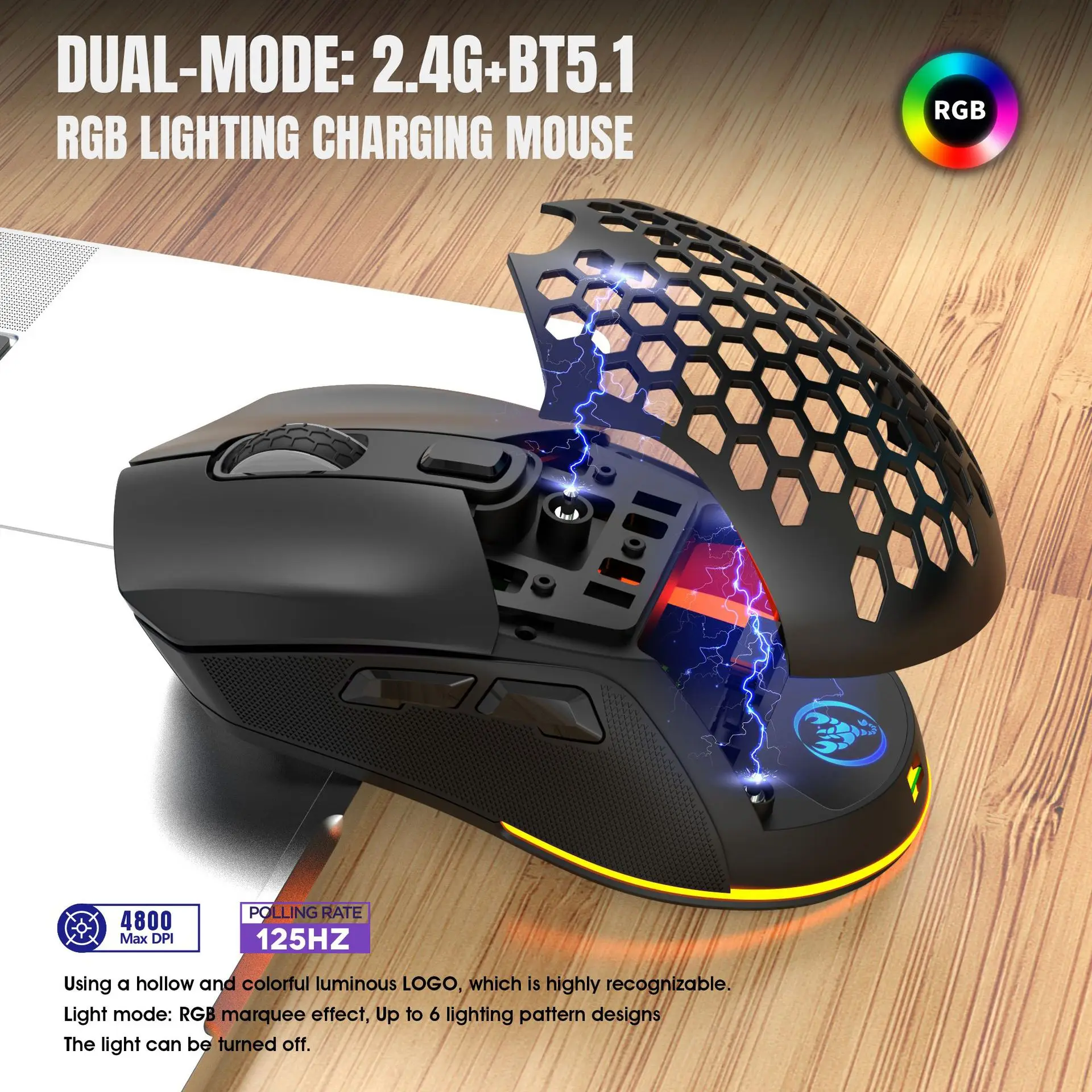 Hollow 2.4g Bluetooth wireless mouse rechargeable RGB light-emitting 4800dpi interchangeable back cover gaming lightweight mouse