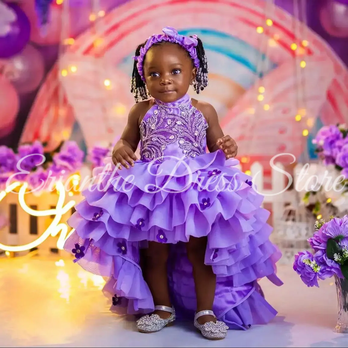 فستان فتاة الزهور لحفلات الزفاف باللون الأرجواني ذو الطبقات من التول المنتفخ المخصص للأميرة للأطفال وحفلات أعياد الميلاد الأولى فستاين سهرة/فساتين الحفلات #4