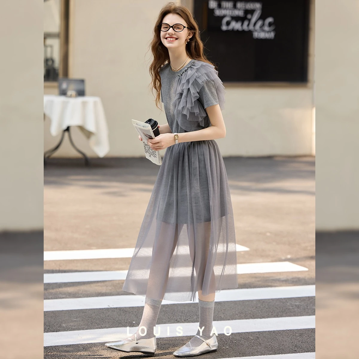 

LOUIS YAO Grey Two-piece Dress Set 2025 Summer New Women's Set Three-dimensional Pleated Design Dress and Mesh Half Skirt