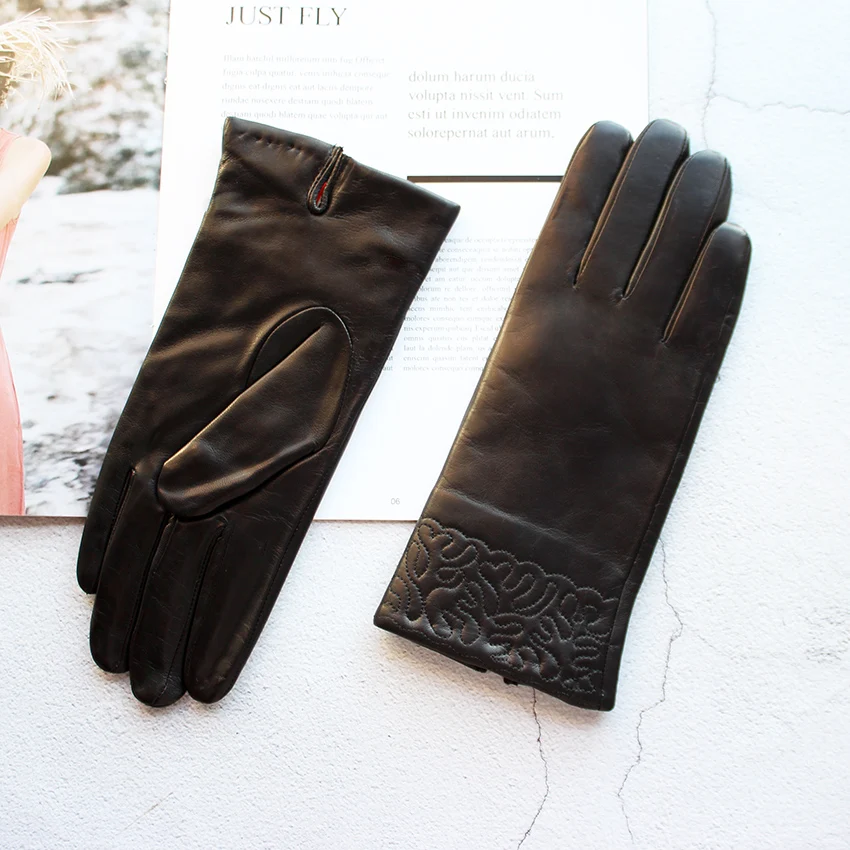 Guantes de piel de oveja engrosados para invierno, forro de piel de cordero para mujer, guantes de cuero para mantener el frío y el calor, guantes