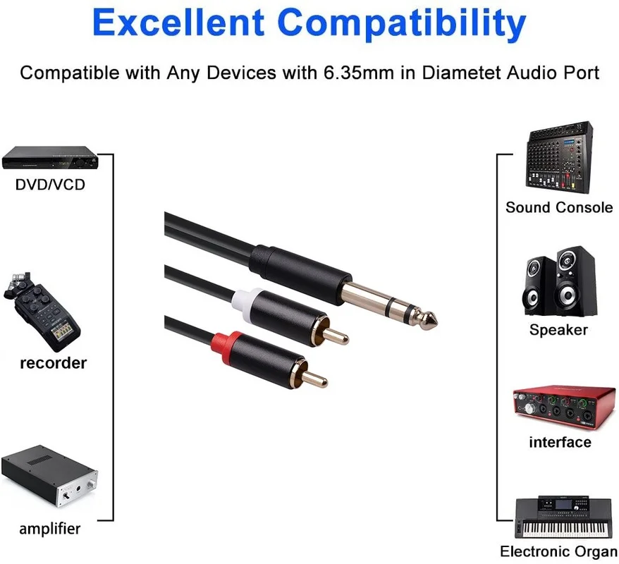 HiFi Stereo Aux Cable 2RCA To 6.35mm Accessory AUX RCA 3.5 Jack Splitter for Audio Amplifiers Home Theater Recorder DVD N12 21