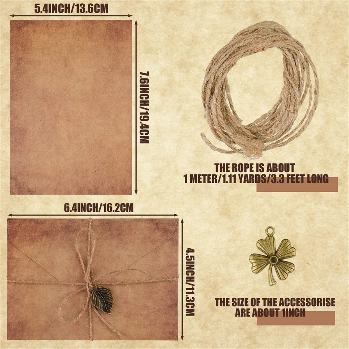 ABJS Vintage Stationary Paper and Envelopes Set, Includes Letter Paper, Envelopes, Vintage Accessories, Rope
