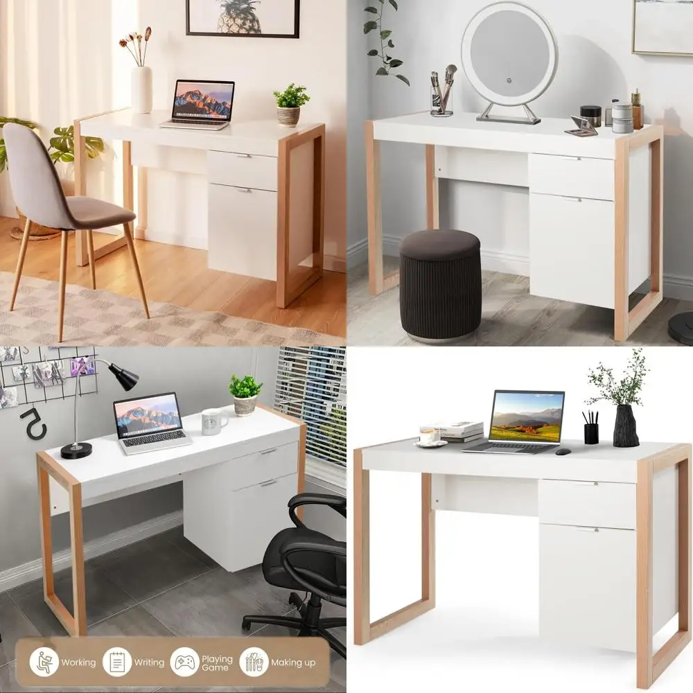 

Белый и натуральный офисный стол 44 дюйма с тумбой для хранения, подходит для макияжа, письма, учебы и небольших помещений