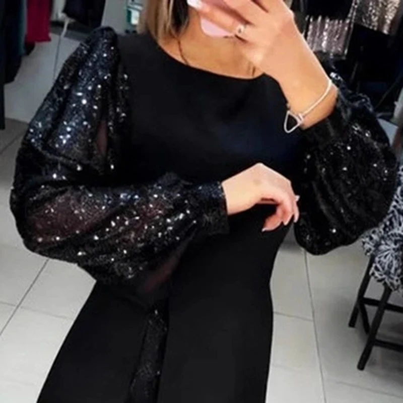 فستان سهرة نسائي ربيعي 2026 مثير مزين بالترتر موضة رقبة دائرية وفتحة على شكل حرف a فستان قصير للخريف بأكمام طويلة فستان بوهو #5