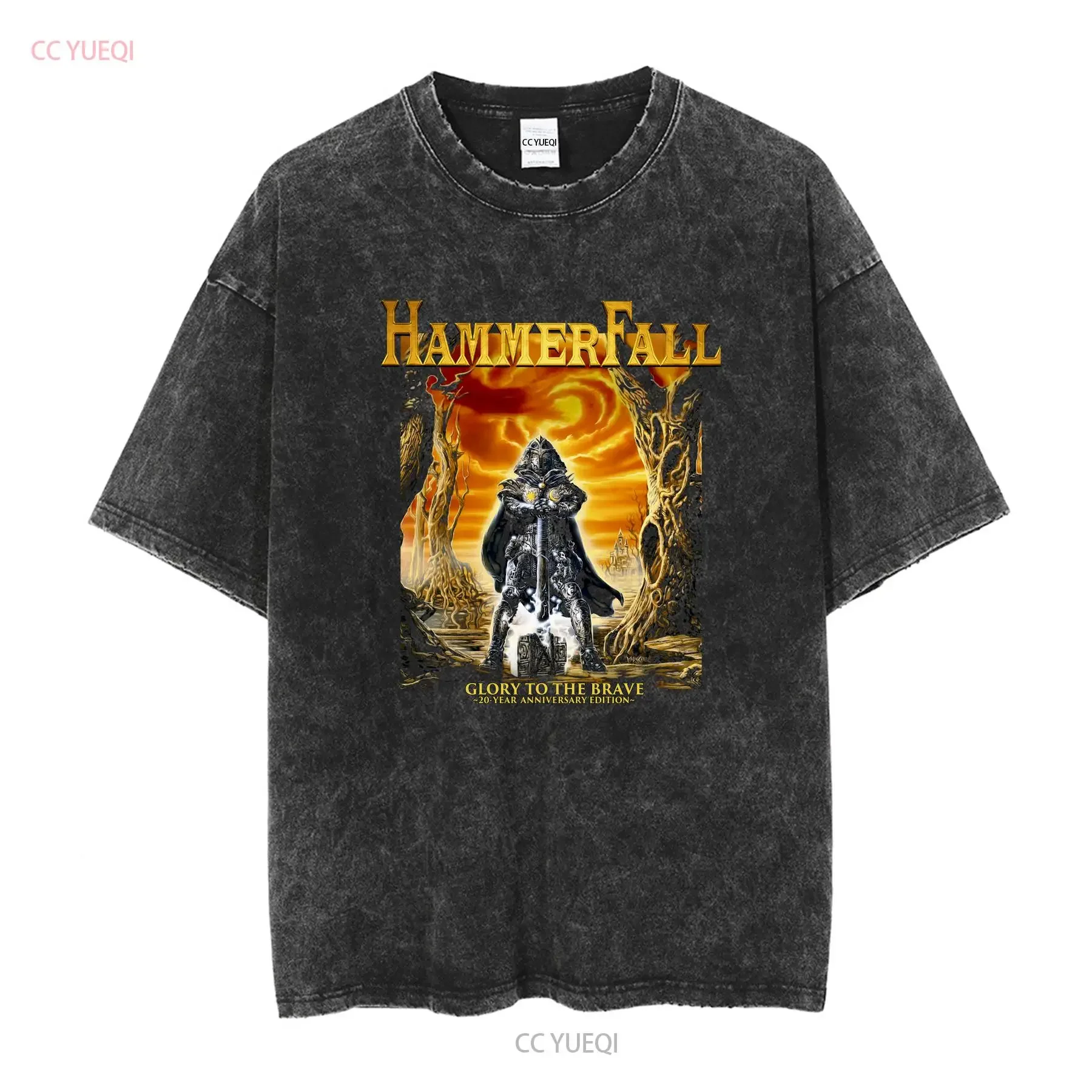 hammerfall glory to the brave T Shirt vintage Washed fashion streetwear graphic Stylish Comfortable Casual Slightly Versatile