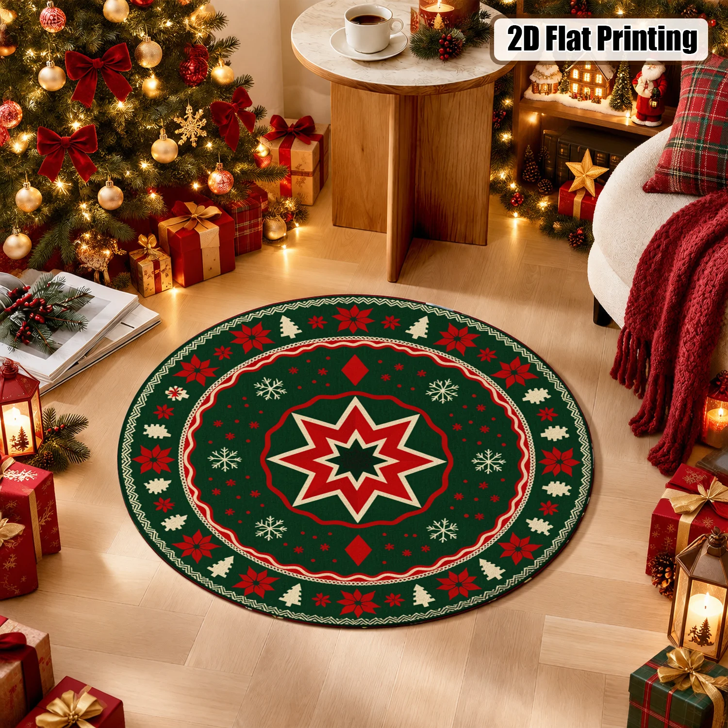 Christmas themed red star snowflake tree circular velvet round rug machine washable for living room dining area bedroom entryway suitable for Halloween Thanksgiving Black Friday Christmas New Year