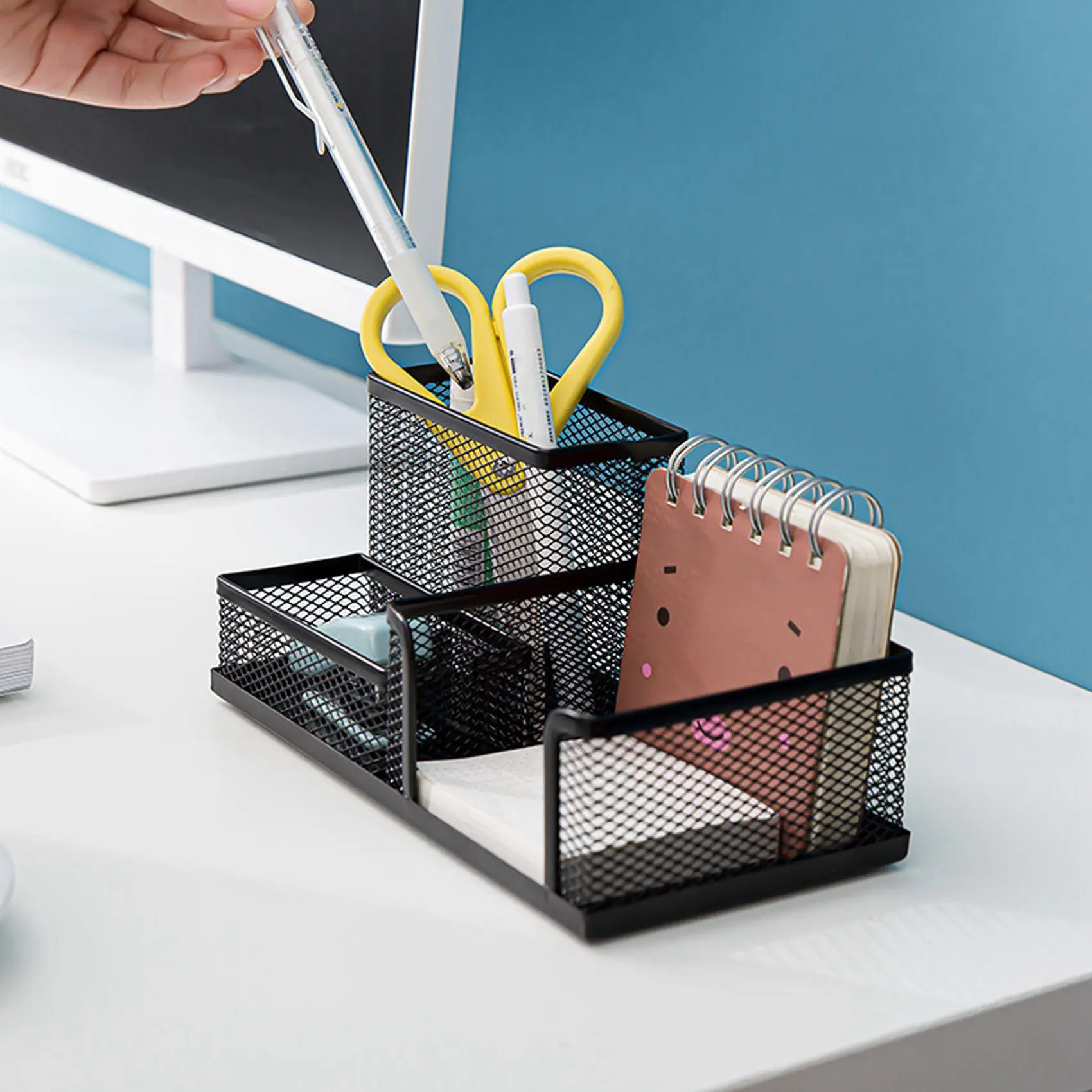 金属メッシュの多機能ペンホルダー,オーガナイザー,オフィス用,黒,金属,ピース/セット