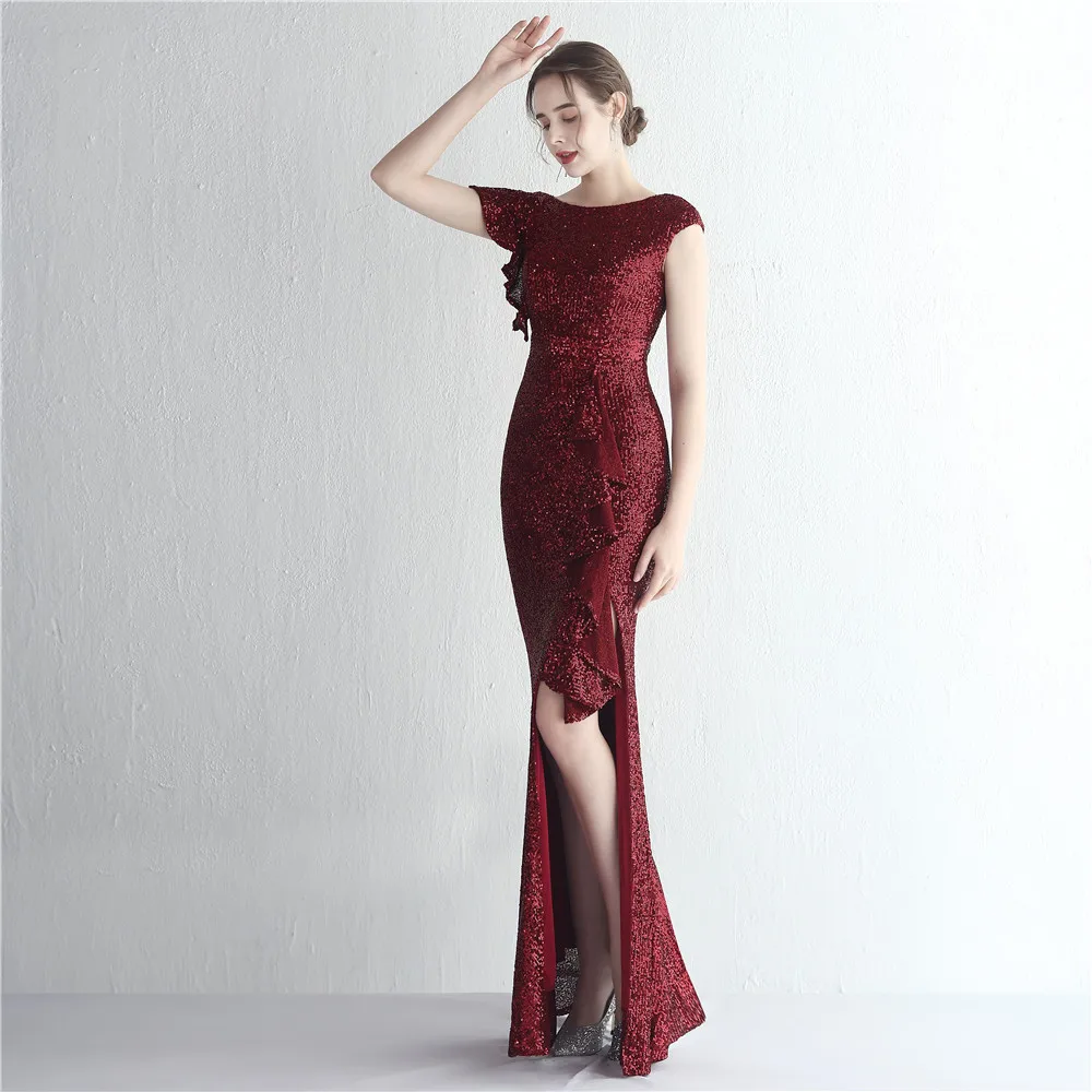 Women's Sheath Sleeve Sequin V-Neck Front Slit Long Dress Formal Party Evening Dress