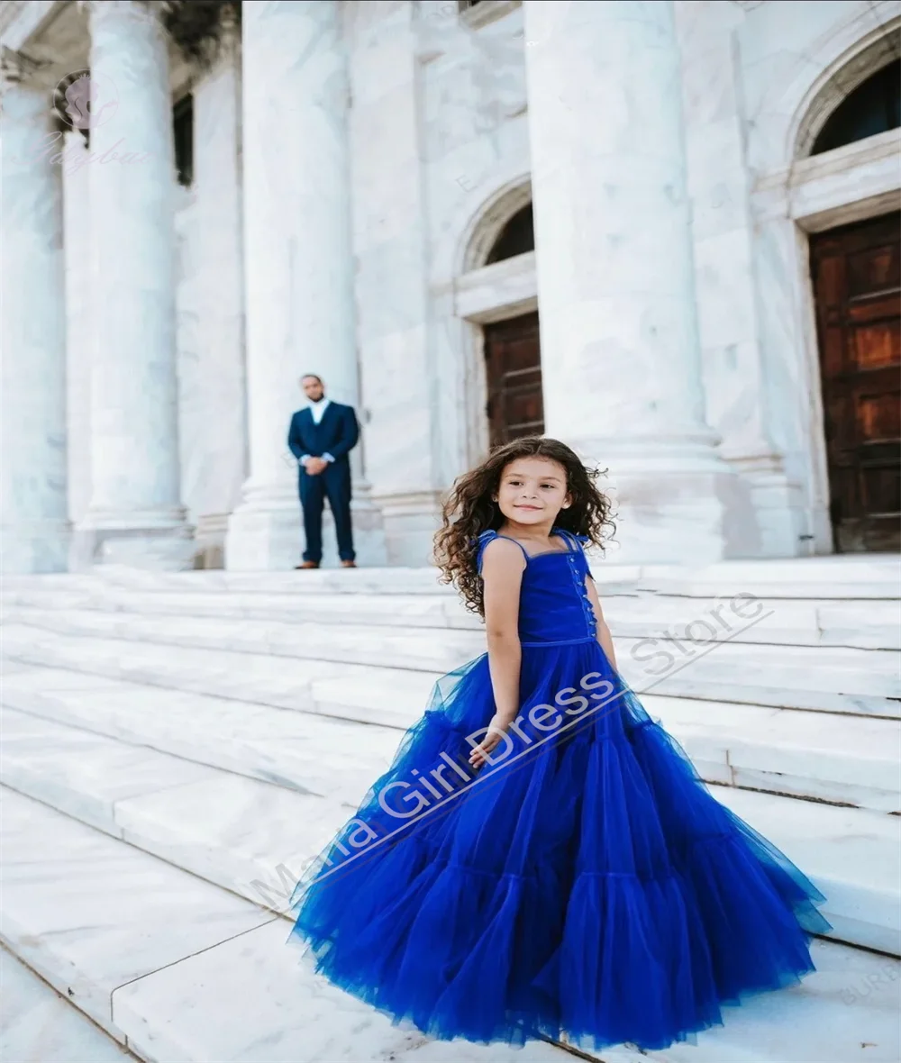 Royal Blue Elegance Flower Girl Dresses Tulle Puffy Ruffled Spaghetti Straps First Communion Party Gown Custom Made