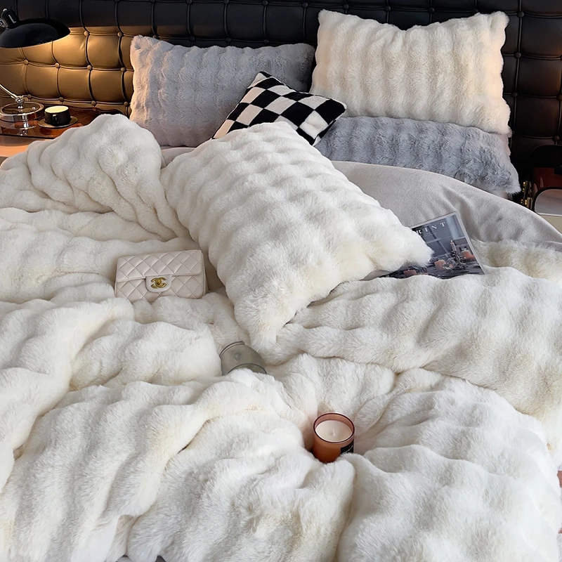 Faux Rabbit Fur Thickened Warm Bedding Set Plush Shaggy Soft Full Queen King Size Duvet Cover Set Bed Sheet Pillowcases 4Pcs