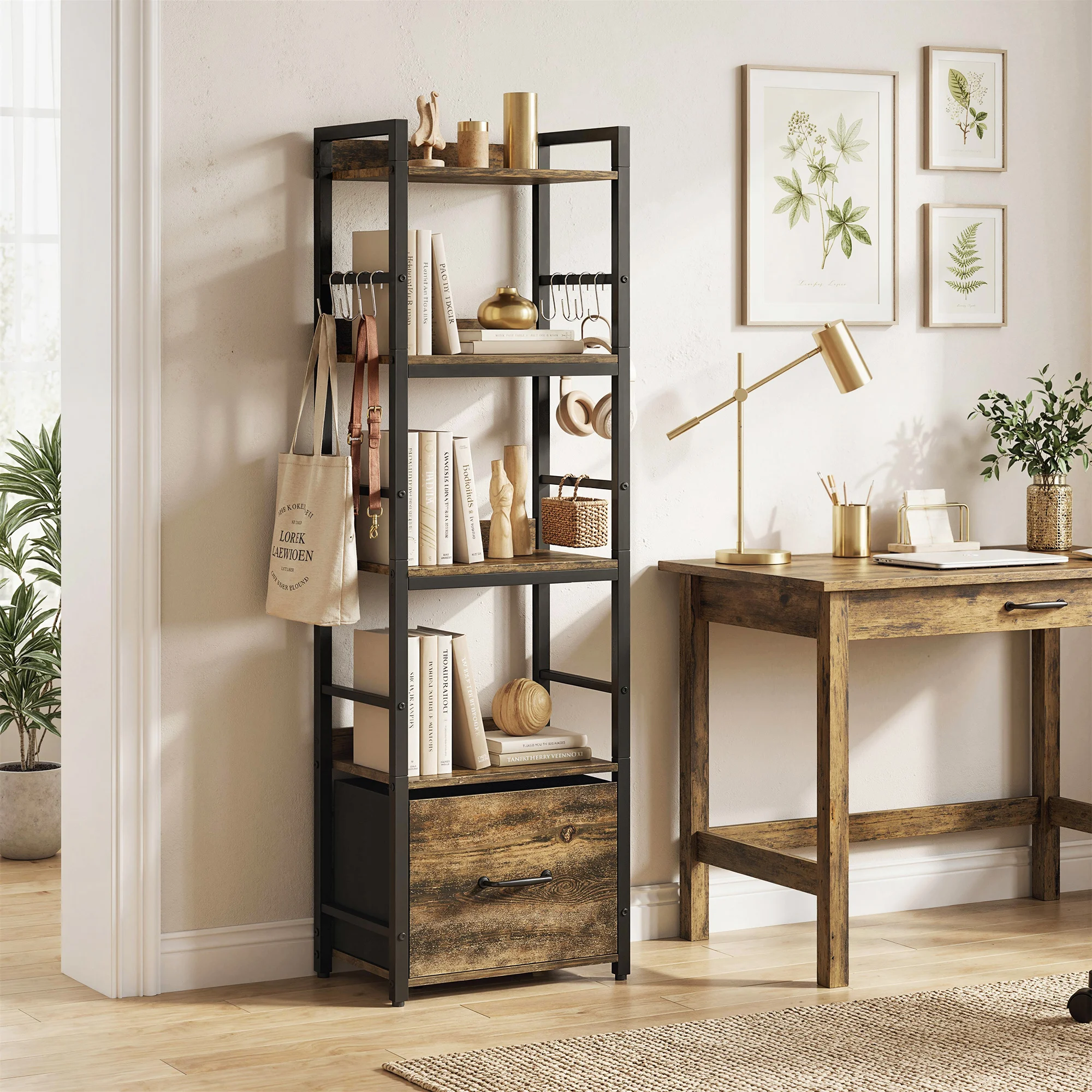 Obrázek 3: HOMCOM 4-level knihovna, úzký úložný polici s šuplík, 8 háčků, 39x26x136.5 cm, rustikální hnědá