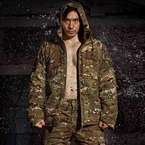 Imagen 2 del producto Chaqueta táctica reflectante térmica de camuflaje para exteriores para hombre, abrigos acolchados con capucha de camuflaje con múltiples bolsillos, duraderos y resistentes al calor