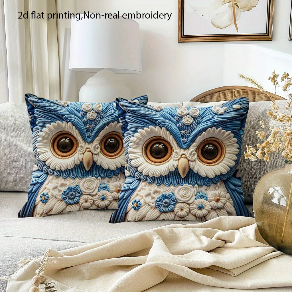 1pcs Floral Crown Owl Throw Pillow Covers, Short Plush 2D Flat Printing Design, Non-real Embroidery, Bohemian Flowers Decor,