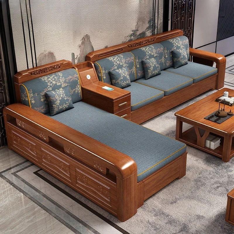 New Chinese Style Walnut Solid Wood Sofa Living Room Combination Small Apartment Winter and Summer Dual-Use Storage Noble