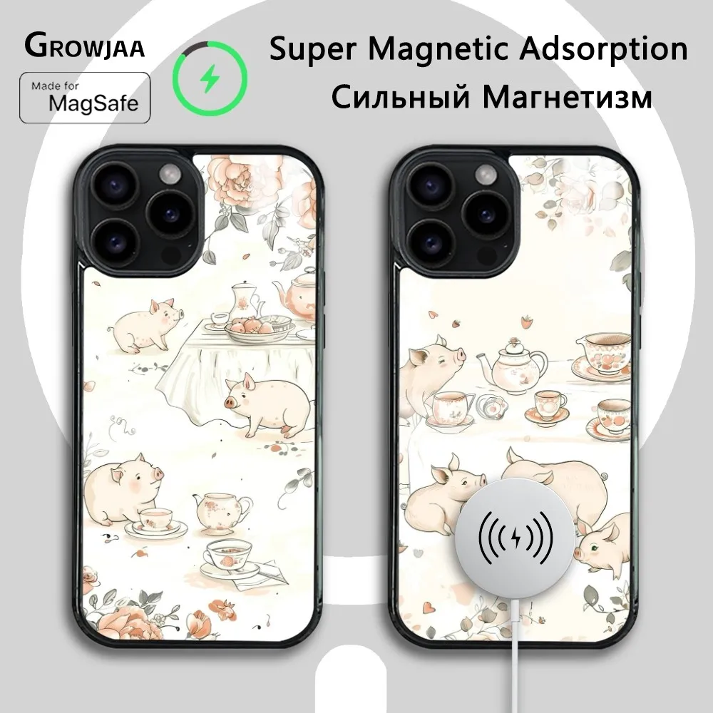 Wildflower piglet cartoon Phone Case For iPhone 16 15 14 13 12 11 Pro Max Plus Mini Magsafe Mirror Wireless Magnetic Cover