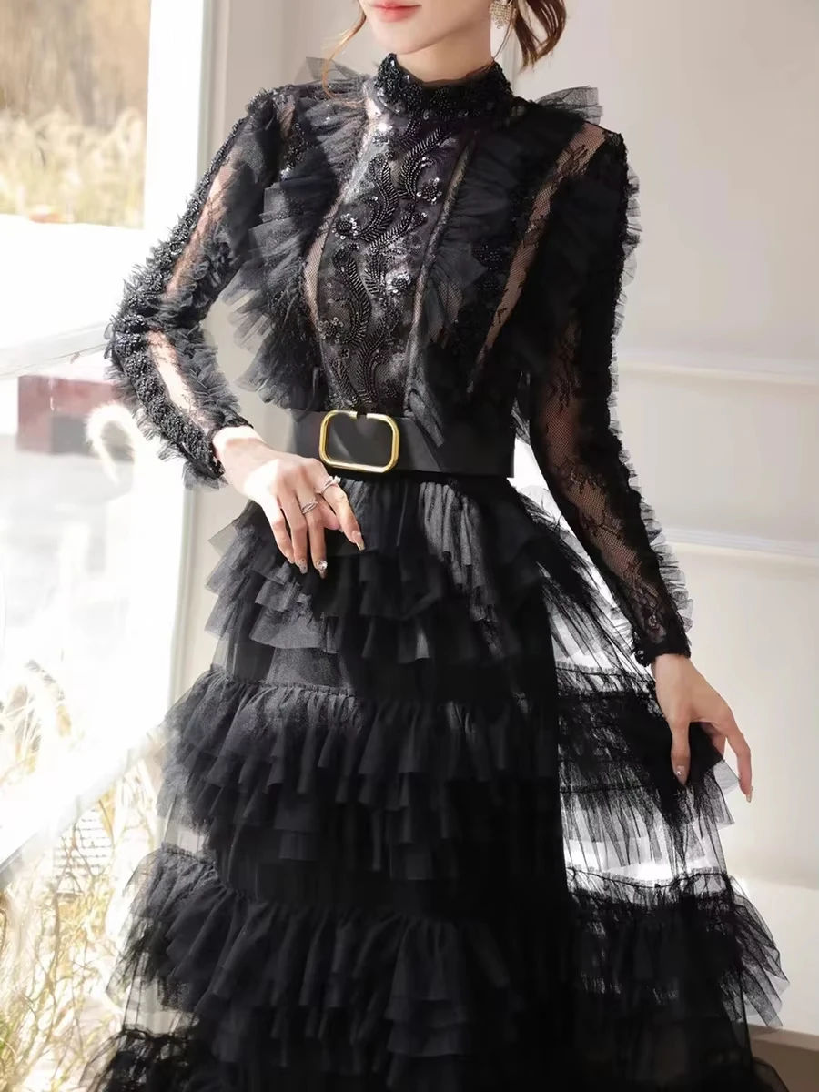 CHICEVER Spliced Lace Hollow Mesh Dresses for Women Stand Collar Long Sleeves High Waist Slim Spliced Sashes Party Dress Female