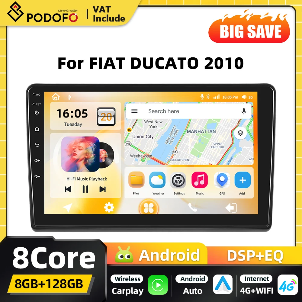 Podofo Carplay 2DIN Android lecteur multimédia de voiture pour Ducato 3 Peugeot Boxer 2 citroën Jumper 2 2011-2022 GPS Autoradio FM RDS