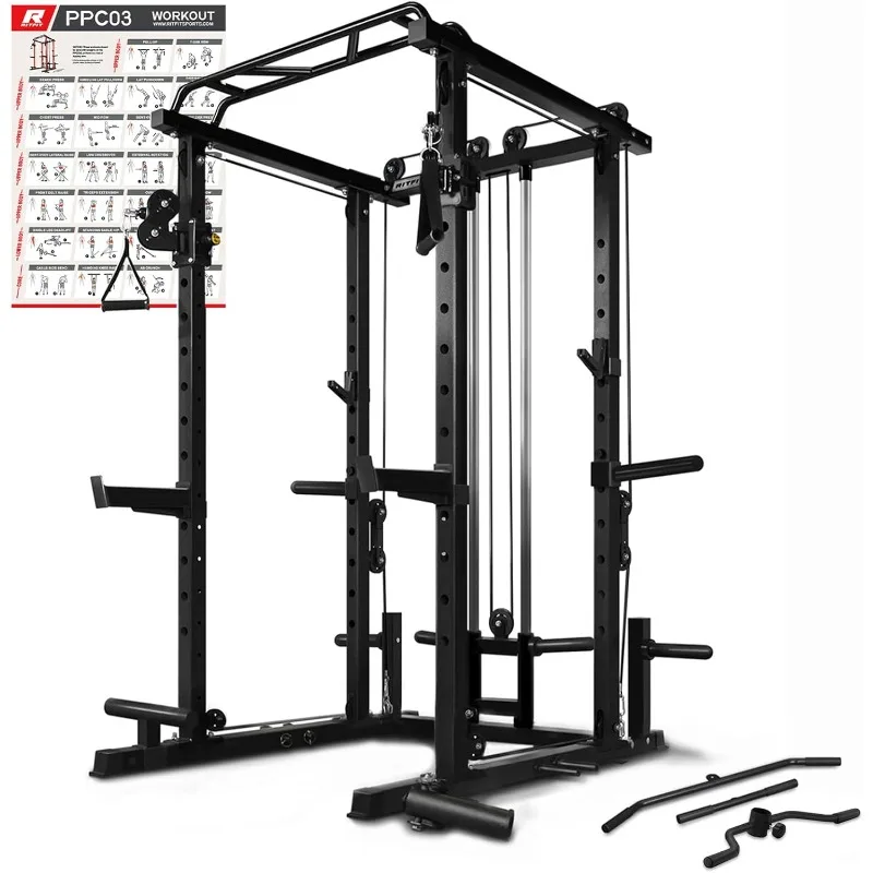 RitFit multifunctionele Squat Rack Power Cage PPC03 met kabelcrossover-systeem, 1000LBS capaciteit Power Rack en pakketten