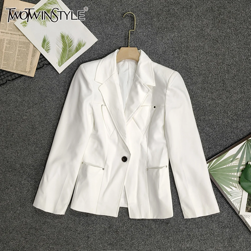 TWOTWINSTYLE Solid Casual Slim Jackets For Women V Neck Long Sleeve Spliced Button Autumn Temperament Blazers Female KJA8A1327