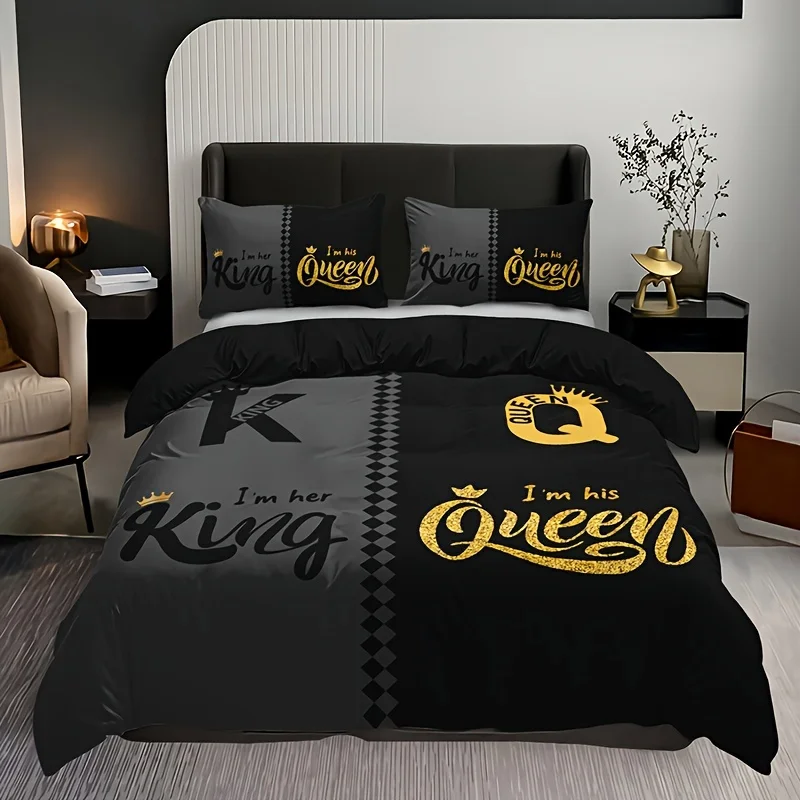 3pcs Black Grey Crown Bedding Set Lettering Duvet Cover High Definition Printing For Home & Dorm Decor, Comforter Not Included