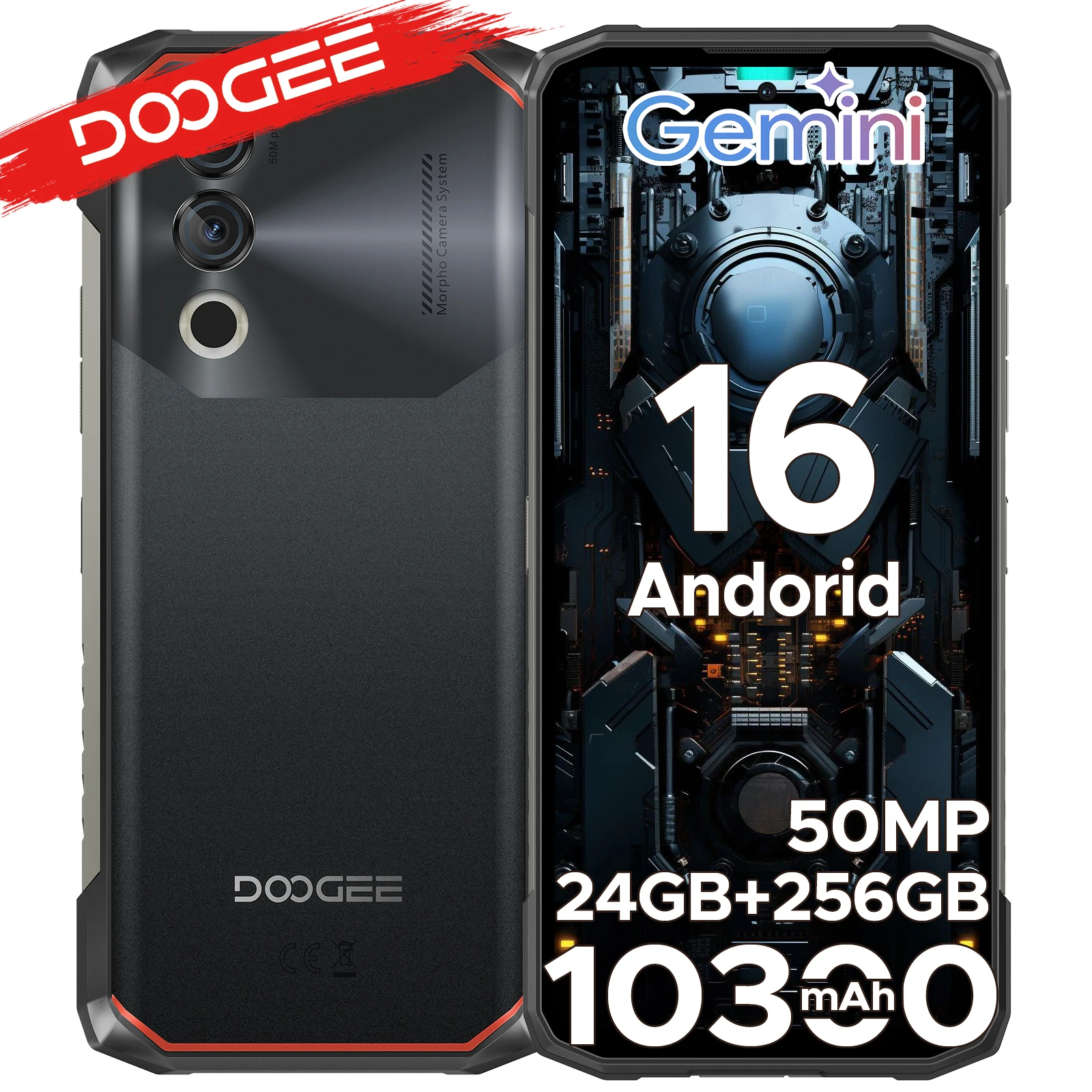 Teléfono Resistente DOOGEE Blade10 Power con Gemini AI, Pantalla de 6.6 Pulgadas, Batería de 10300 mAh, 24 GB de RAM (6+18), 256 GB de ROM, Android 16, Teléfono Inteligente