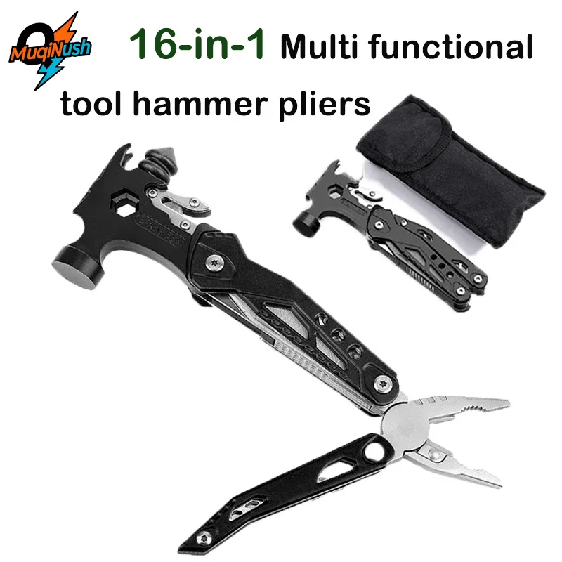 

MuqiNush 16 In 1 Stainless Steel Multi Purpose Pliers With Built Folding Pliers Window Breaking Hammer For Survival Camping