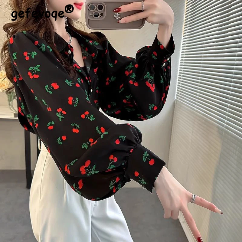 Women\'s Vintage Print Lantern Long Sleeve Button Up Shirt Office Lady Commute Elegant Chic Blouse Spring Autumn Lapel Loose Tops