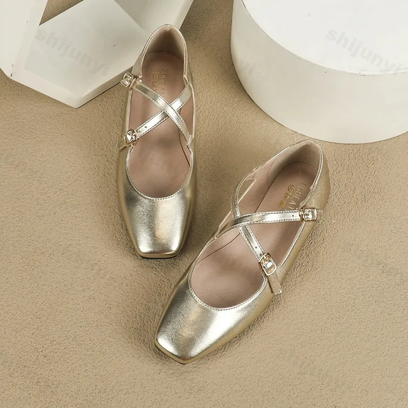 Low Heeled Mary Jane Single Shoes 2025 Women Shoes Retro Shallow Ballet Shoes Cross Buckle Shallow Soft Sole Flats Plus Size 44