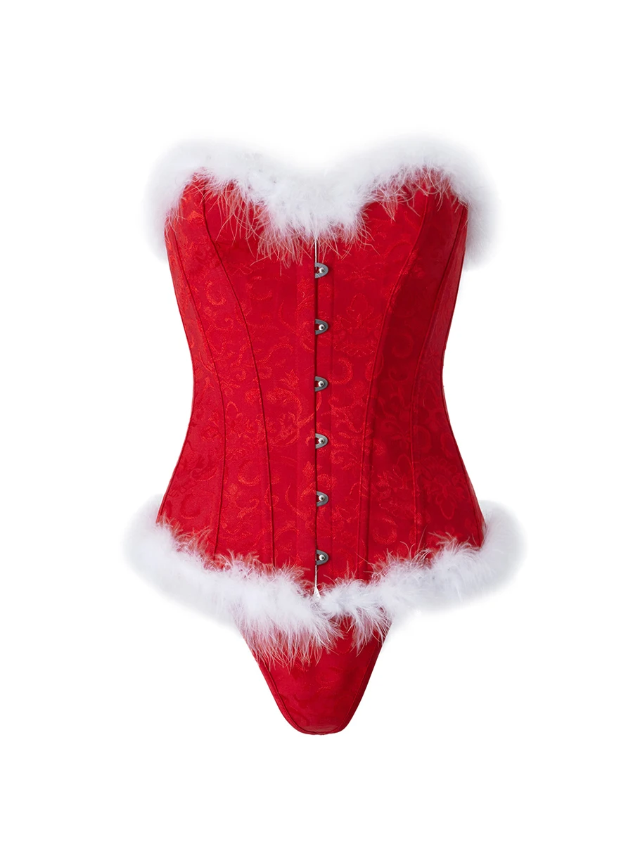 Scriardv Women Christmas Feather Trim Corset Top Mrs Claus Plus Size Bustier Lingerie Costume